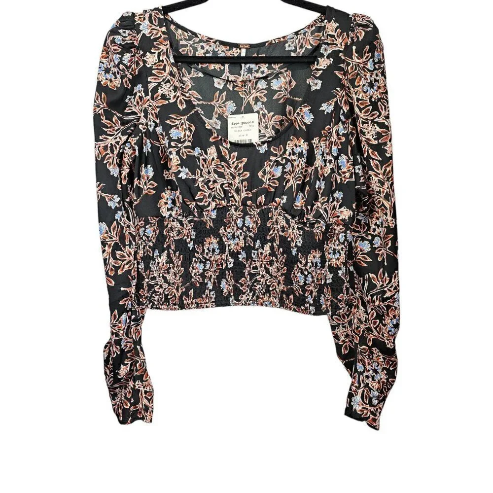 FREE PEOPLE Santiago Blouse Black Floral Long Sleeve Scoop Neck Smock Top